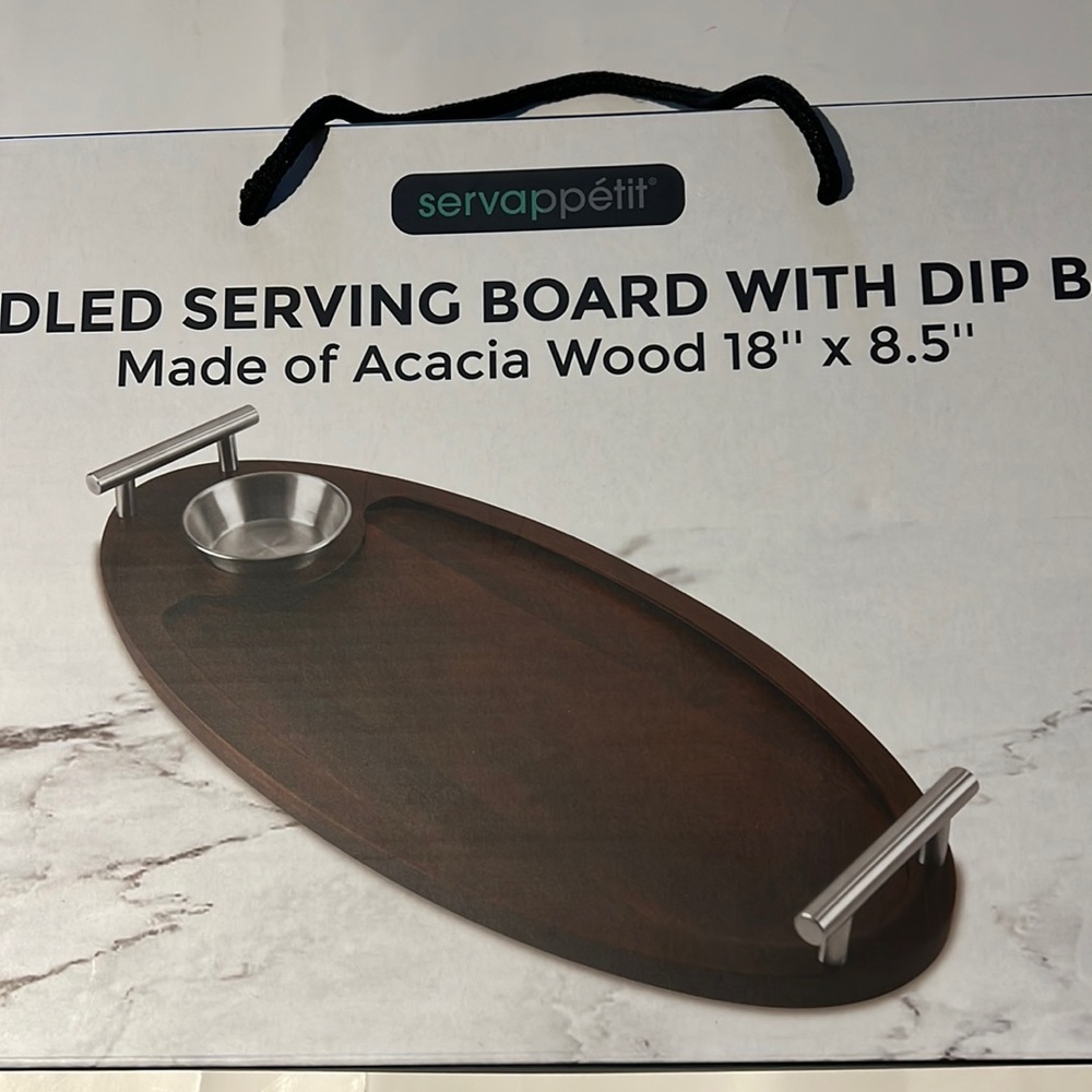 Handled serving Board with Dip Bowl Wood 18”x8.5” New